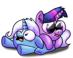 Size: 800x643 | Tagged: safe, artist:piemations, trixie, twilight sparkle, pony, unicorn, g4, dogpile, female, inconvenient twilight, mare, simple background, the tables have turned, tongue out, transparent background