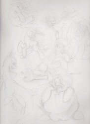 Size: 1688x2322 | Tagged: safe, artist:scribblepwn3, applejack, sweetie belle, bat pony, earth pony, original species, pegasus, pony, shark pony, unicorn, g4, giant apple, monochrome, pencil drawing, practice, sketch, sketch dump, traditional art