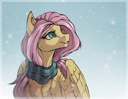 Size: 1360x1050 | Tagged: safe, artist:rrusha, fluttershy, pegasus, pony, g4, chest fluff, clothes, female, looking up, scarf, sitting, snow, snowfall, solo, turned head, wings