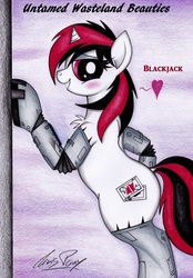 Size: 2027x2916 | Tagged: safe, artist:thechrispony, oc, oc only, oc:blackjack, cyborg, pony, unicorn, fallout equestria, fallout equestria: project horizons, amputee, bedroom eyes, bipedal, bipedal leaning, blushing, chest fluff, cybernetic legs, dock, female, grin, heart, high res, leaning, looking at you, pinup, prosthetic leg, prosthetic limb, prosthetics, smiling, solo, standing, traditional art, untamed wasteland beauties