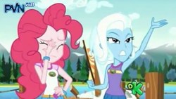 Size: 426x240 | Tagged: safe, screencap, pinkie pie, trixie, equestria girls, g4, my little pony equestria girls: legend of everfree, discovery kids, facepalm