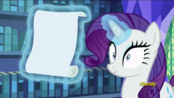 Size: 1366x768 | Tagged: safe, screencap, rarity, pony, every little thing she does, g4, discovery family logo, exploitable, female, fiducia compellia, hypnosis, hypnotized, meme, paper, scroll, solo, template