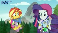 Size: 426x240 | Tagged: safe, screencap, applejack, rarity, spike, spike the regular dog, dog, equestria girls, g4, my little pony equestria girls: legend of everfree, discovery kids