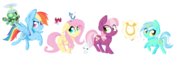 Size: 4752x1560 | Tagged: safe, artist:skajcia, angel bunny, cheerilee, fluttershy, lyra heartstrings, rainbow dash, tank, bird, g4, chibi, lyre