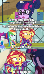 Size: 800x1349 | Tagged: safe, edit, edited screencap, screencap, rainbow dash, rarity, sci-twi, sunset shimmer, twilight sparkle, equestria girls, g4, my little pony equestria girls: friendship games, 1000 hours in ms paint, caption, clothes, female, image macro, meme, ms paint, mystery science theater 3000, screencap comic, sunset yells at twilight
