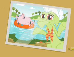 Size: 611x469 | Tagged: safe, screencap, granny smith, pig, pony, every little thing she does, g4, female, gif, inner tube, lake, mare, non-animated gif, photo, picture, shrug, solo