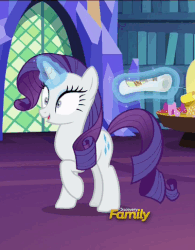 Size: 379x486 | Tagged: safe, screencap, rarity, pony, every little thing she does, g4, season 6, animated, brainwashed, female, fiducia compellia, gif, grin, levitation, magic, mind control, open mouth, paper, smiling, solo, stomping, talking, telekinesis, wide eyes