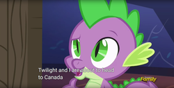 Size: 1920x975 | Tagged: safe, screencap, spike, every little thing she does, g4, canada, discovery family logo, male, meme, solo, youtube caption