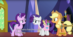 Size: 1920x975 | Tagged: safe, screencap, applejack, rarity, starlight glimmer, pony, every little thing she does, g4, blackberry, meme, youtube caption