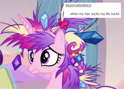 Size: 598x434 | Tagged: safe, princess cadance, g4, games ponies play, bad hair, comments, female, messy mane, solo, tumblr, tumblr fandom text posts