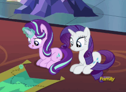 Size: 680x494 | Tagged: safe, screencap, rarity, starlight glimmer, pony, every little thing she does, g4, season 6, animated, cute, discovery family, discovery family logo, duo, female, gif, glimmerbetes, logo, prone, raribetes, sewing, smiling
