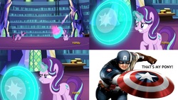 Size: 1631x917 | Tagged: safe, artist:steghost, starlight glimmer, twilight sparkle, alicorn, pony, every little thing she does, g4, captain america, marvel, marvel comics, meme, shield, that's my pony, that's my x, twilight sparkle (alicorn)