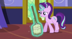 Size: 942x516 | Tagged: safe, screencap, starlight glimmer, pony, unicorn, every little thing she does, g4, season 6, animated, broom, cleaning, female, gif, magic, sad, solo, sweeping, sweepsweepsweep, telekinesis