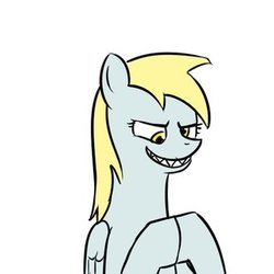 Size: 320x320 | Tagged: artist needed, safe, derpy hooves, pegasus, pony, g4, evil, evil grin, female, hooves together, i know exactly what went wrong, just as planned, mare, reaction image, sharp teeth, simple background, smiling, solo, white background