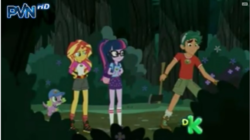 Size: 1118x626 | Tagged: safe, screencap, sci-twi, spike, spike the regular dog, sunset shimmer, timber spruce, twilight sparkle, dog, equestria girls, g4, my little pony equestria girls: legend of everfree, axe, discovery kids, out of context, weapon