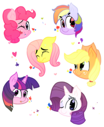 Size: 819x1000 | Tagged: safe, artist:glitz, applejack, fluttershy, pinkie pie, rainbow dash, rarity, twilight sparkle, g4, blushing, cute, heart, looking at you, mane six, one eye closed, open mouth, simple background, smiling, sparkles, sticker, sweat, tooth gap, transparent background, wink