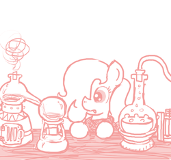 Size: 640x600 | Tagged: safe, artist:ficficponyfic, oc, oc only, oc:emerald jewel, earth pony, pony, colt quest, alchemy, bandana, beaker, boiling water, chemicals, chemistry, child, colt, cork, florence flask, fluids, foal, hair over one eye, male, monochrome, solo, steam, story included, table, tube