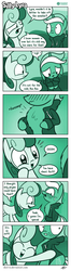 Size: 622x2346 | Tagged: safe, artist:dori-to, bon bon, lyra heartstrings, sweetie drops, earth pony, pony, unicorn, comic:silly lyra, g4, adorabon, blushing, chest fluff, clothes, comic, cute, duo, embarrassed, female, green background, greenscale, hoodie, lyrabetes, mare, monochrome, silly lyra, simple background