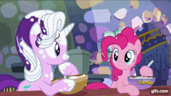 Size: 640x360 | Tagged: safe, screencap, pinkie pie, starlight glimmer, earth pony, pony, unicorn, every little thing she does, g4, animated, apologetic, bipedal, blushing, bowl, cake, cute, diapinkes, female, flour, food, forgiveness, frown, gif, gifs.com, glimmerbetes, grin, hoof on chin, indoors, laughing, mare, smiling, spoon, twilight's castle