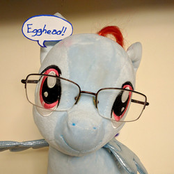 Size: 640x640 | Tagged: safe, rainbow dash, g4, build-a-bear, egghead, egghead dash, glasses, irl, photo, plushie, solo, speech bubble