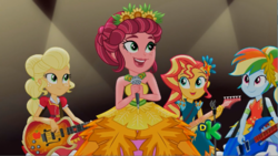 Size: 1604x902 | Tagged: safe, screencap, applejack, gloriosa daisy, rainbow dash, sunset shimmer, equestria girls, g4, legend of everfree, alternate hairstyle, clothes, crystal gala, discovery kids, dress, female, flying v, guitar