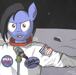 Size: 771x764 | Tagged: safe, artist:zsparkonequus, oc, oc only, anthro, amerika, microphone, microphone stand, moon, nasa, parody, rammstein, solo, space, spacesuit, till lindemann