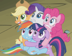 Size: 604x475 | Tagged: safe, screencap, applejack, pinkie pie, rainbow dash, rarity, twilight sparkle, pony, dragonshy, g4, animated, blinking, ears back, fear hug, female, frown, gif, gritted teeth, group hug, hug, open mouth, pony pile, reaction image, scared, shivering, terrified, wide eyes