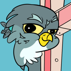 Size: 500x500 | Tagged: safe, artist:creepycurse, gabby, griffon, g4, bad day at cat rock, behaving like a cat, blue background, catbird, derp, female, lidded eyes, looking at you, meme, raised eyebrow, simple background, smiling, smirk, solo, that face, that fucking cat, tom and jerry