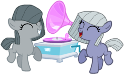 Size: 864x528 | Tagged: safe, artist:xxmidnightderexx, limestone pie, marble pie, g4, cute, filly, record player, smiling