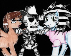 Size: 3213x2542 | Tagged: safe, oc, oc only, oc:haruka takahashi, oc:thebronynetwork, earth pony, ghost, pegasus, pony, clothes, cowboy hat, glasses, hat, high res, monochrome, radio graffiti, shirt, skeleton, smiling, the man they call ghost, true capitalist radio