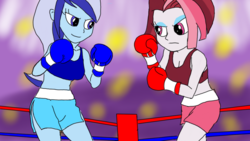 Size: 1280x720 | Tagged: safe, artist:toyminator900, cayenne, minuette, equestria girls, g4, boxing, boxing gloves, boxing ring, breasts, cleavage, clothes, equestria girls-ified, female, midriff, sports bra
