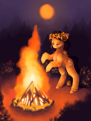 Size: 1536x2048 | Tagged: safe, artist:domidelance, oc, oc only, bonfire, fire, floral head wreath, moon, solo, witch