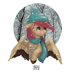 Size: 2480x2480 | Tagged: safe, artist:domidelance, oc, oc only, pegasus, pony, clothes, floppy ears, hat, high res, looking away, looking up, scarf, snow, snowfall, solo, spread wings, turned head, wings, winter