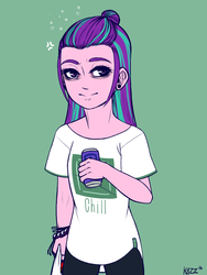 Size: 715x950 | Tagged: safe, artist:slimegrave, aria blaze, equestria girls, g4, alternate hairstyle, bag, can, clothes, drink, drunk, female, pants, signature, solo