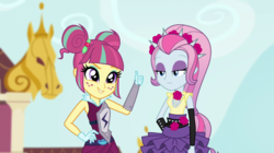 Size: 1280x718 | Tagged: safe, artist:aqua-pony, artist:themexicanpunisher, edit, edited screencap, screencap, sour sweet, violet blurr, equestria girls, g4, my little pony equestria girls: friendship games, archery, clothes, duo, freckles, gloves, thumbs up, unamused