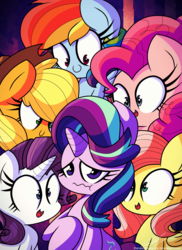 Size: 1600x2200 | Tagged: safe, artist:therandomjoyrider, applejack, fluttershy, pinkie pie, rainbow dash, rarity, starlight glimmer, every little thing she does, g4, cowboy hat, fiducia compellia, hat, hypno dash, hypnosis, hypnotized, open mouth, stetson, wavy mouth