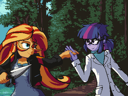 Size: 360x270 | Tagged: safe, artist:zedotagger, sci-twi, sunset shimmer, twilight sparkle, equestria girls, g4, clothes, fanfic art, female, forest, lab coat, lesbian, pixel art, ship:sci-twishimmer, ship:sunsetsparkle, shipping, spear, weapon