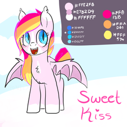 Size: 2000x2000 | Tagged: safe, artist:p0n1es, oc, oc only, oc:sweet kiss, bat pony, pony, cute little fangs, fangs, high res, reference sheet, solo