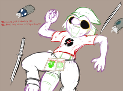 Size: 900x666 | Tagged: safe, artist:frist44, smarty pants, spike, g4, belly button, broken sword, clothes, cosplay, costume, crossover, dave strider, homestuck, implied shining armor, katana, male, plushie, solo, sword, weapon