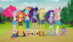 Size: 1920x1090 | Tagged: safe, screencap, applejack, fluttershy, pinkie pie, rainbow dash, rarity, sci-twi, spike, spike the regular dog, sunset shimmer, twilight sparkle, dog, equestria girls, g4, my little pony equestria girls: legend of everfree, applejack's hat, camp everfree outfits, cap, clothes, converse, cowboy hat, glasses, hat, humane five, humane seven, humane six, legend of everfree post-credits, legs, mane seven, mane six, messy hair, post-credits, post-credits scene, reaction, shocked, shoes, sleeveless, sneakers, socks