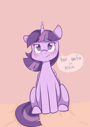 Size: 2128x3000 | Tagged: safe, artist:shyamette, twilight sparkle, alicorn, pony, g4, blushing, dialogue, female, high res, insult, looking at you, mare, simple background, sitting, solo, twilight sparkle (alicorn), waifu, your waifu is trash