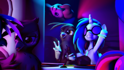 Size: 1000x562 | Tagged: safe, artist:ask-wub-pon3, dj pon-3, pinkie pie, vinyl scratch, griffon, g4, 3d, color porn, rave