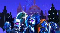 Size: 1280x720 | Tagged: safe, artist:ask-wub-pon3, coloratura, dj pon-3, hoity toity, photo finish, princess celestia, princess luna, spitfire, vinyl scratch, g4, 3d, rara