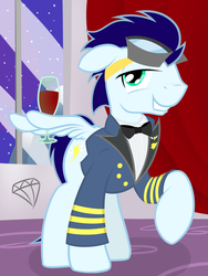 Size: 1024x1365 | Tagged: safe, artist:taharon, soarin', pony, g4, alcohol, backwards cutie mark, clothes, goggles, male, solo, uniform, wine, wing hold