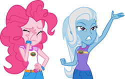 Size: 6241x3936 | Tagged: safe, artist:limedazzle, pinkie pie, trixie, equestria girls, g4, my little pony equestria girls: legend of everfree, absurd resolution, bracelet, camp everfree outfits, clothes, duo, facepalm, fist, inkscape, jewelry, shorts, show accurate, simple background, transparent background, vector