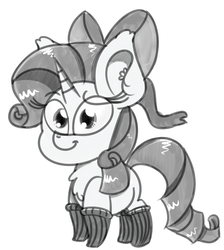Size: 882x985 | Tagged: safe, artist:pastelhorses, rarity, pony, unicorn, g4, black and white, bow, chest fluff, chibi, clothes, cute, ear fluff, ear tufts, female, fluffy, grayscale, hair bow, looking at you, mare, monochrome, raribetes, simple background, smiling, smol, socks, solo, striped socks, white background, wide eyes