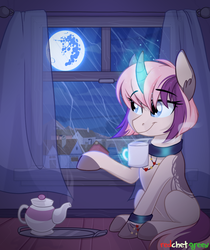 Size: 1000x1190 | Tagged: safe, artist:redchetgreen, oc, oc only, pony, unicorn, bracelet, collar, curved horn, horn, jewelry, levitation, magic, mare in the moon, moon, night, rain, scenery, solo, telekinesis, town, window