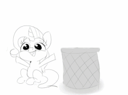 Size: 640x477 | Tagged: safe, artist:lunarmarshmallow, derpibooru exclusive, trixie, pony, unicorn, g4, animated, cursor, female, gif, into the trash it goes, mare, monochrome, open mouth, simple background, sitting, smiling, solo, trash can, where she belongs, white background, your waifu is trash