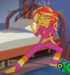 Size: 536x576 | Tagged: safe, screencap, sunset shimmer, equestria girls, g4, my little pony equestria girls: legend of everfree, barefoot, cropped, discovery kids, drool, drool string, feet, female, kung fu shimmer, legend of everfeet, solo, tired