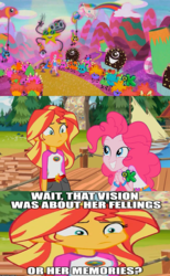Size: 720x1168 | Tagged: safe, edit, edited screencap, screencap, pinkie pie, sunset shimmer, equestria girls, g4, my little pony equestria girls: legend of everfree, discovery kids, image macro, meme, misspelling, sunset sees things, wrong aspect ratio